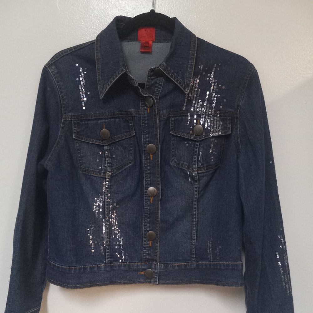 Vera Wang Denim Crop Jacket Sz Petite Large Bling